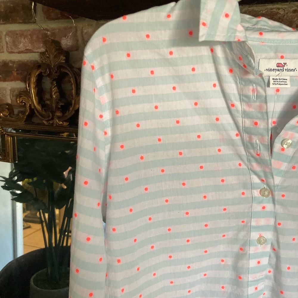 NTW Vineyard Vines Mint Stripe Popover Shirt with Bright Orange Dot Print